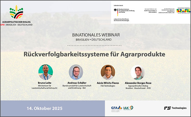 In diesem Webinar stellen Vertreter der Bundesanstalt für Landwirtschaft und Ernährung (BLE), des brasilianischen Ministeriums für Landwirtschaft und Viehzucht (MAPA) sowie ein brasilianischer ..